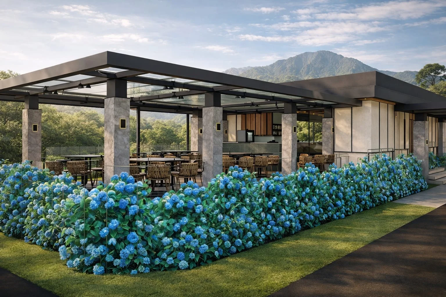 Wana Tennis Club — Teras dengan latar punggung bukit